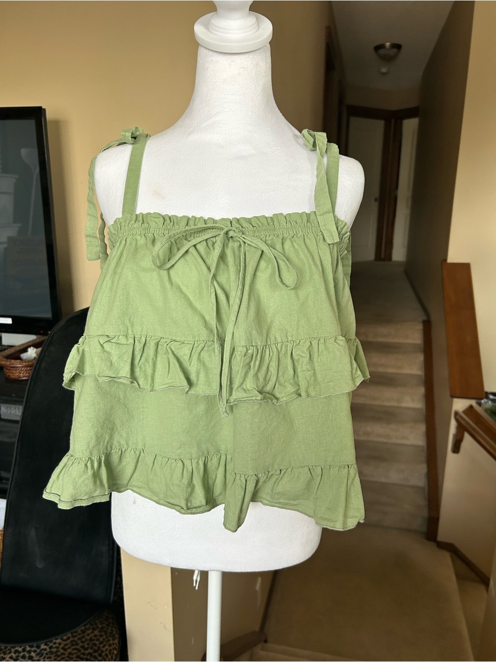 SHEIN Light Green 100% Cotton Ruffle Tie-Shoulder Crop Camisole